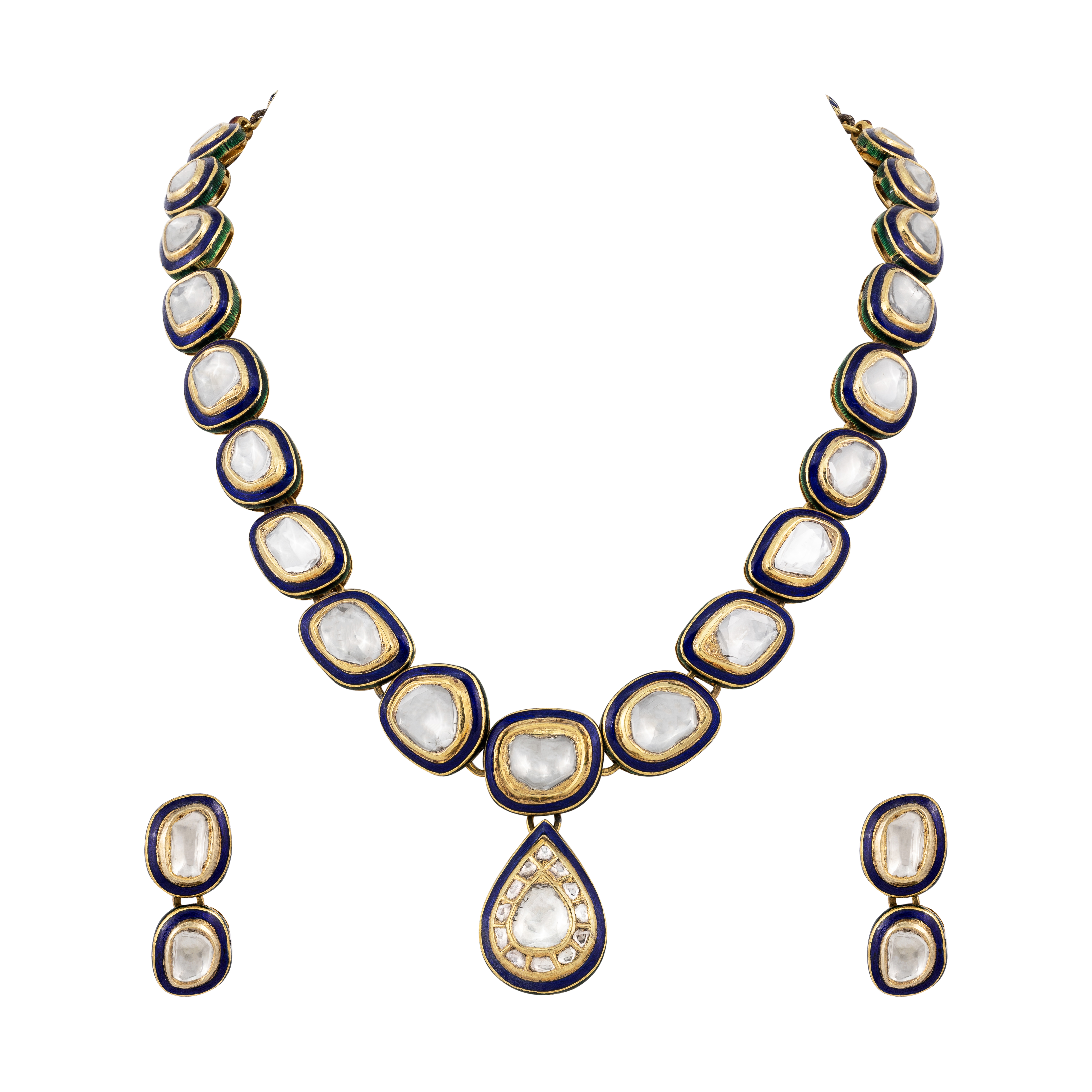 Framed Blue Enamel Polki Necklace with Central Teardrop Pendant